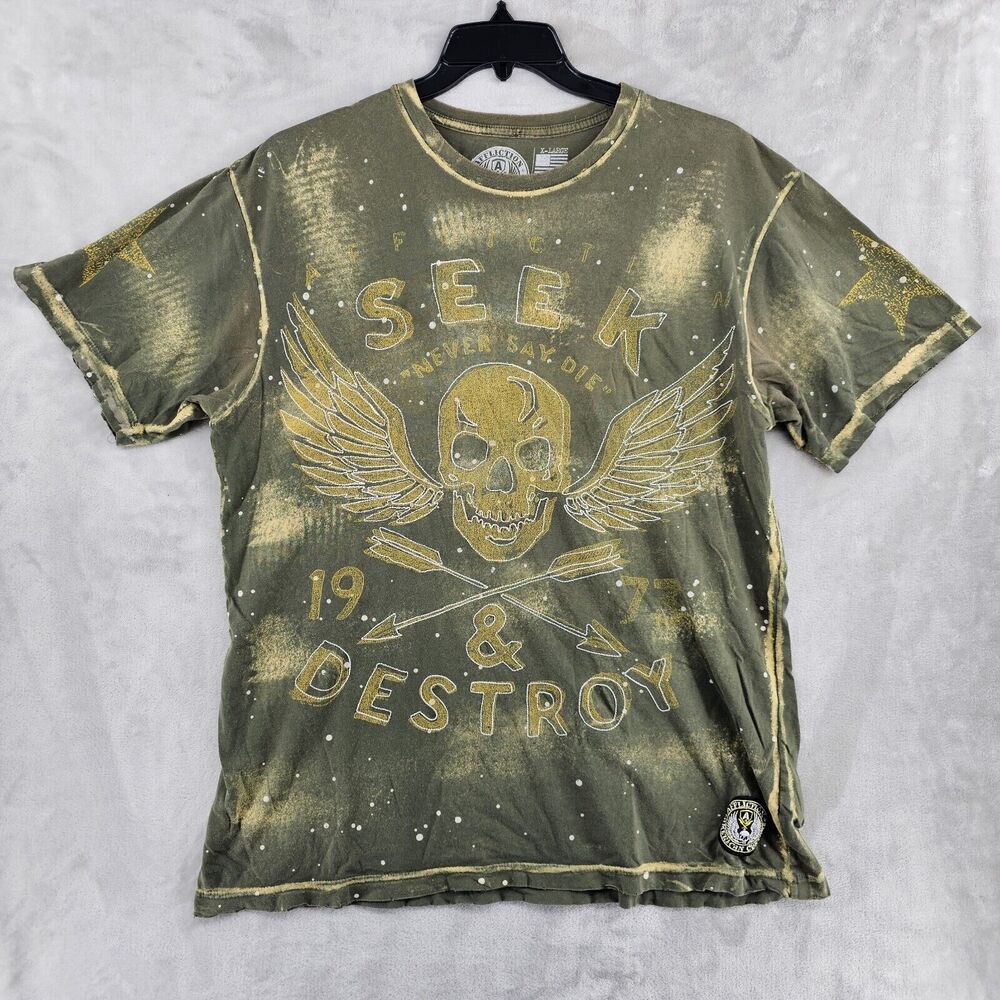 AFFICTION American Customs Men’s Size XL “SEEK & DESTROY” Skull Green T-Shirts‎